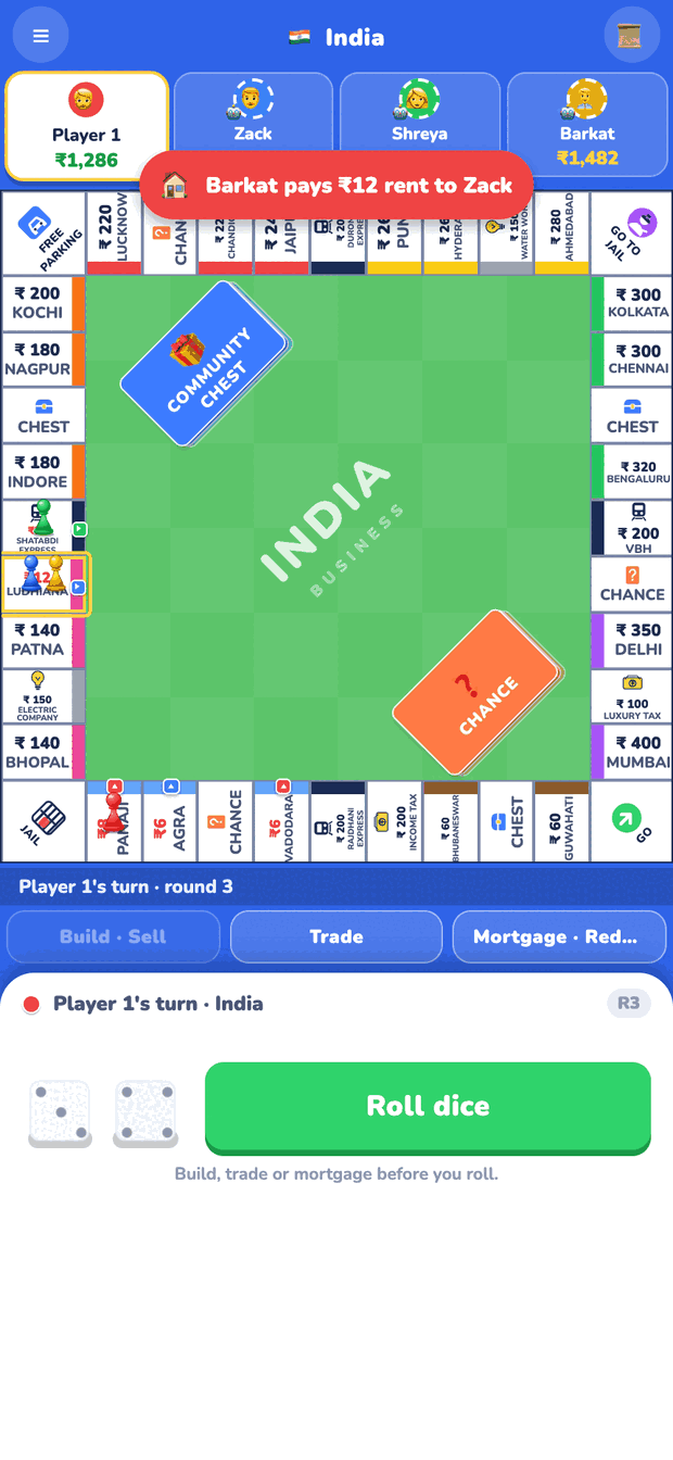 The India board with four players, the money bar along the top and the roll button below.