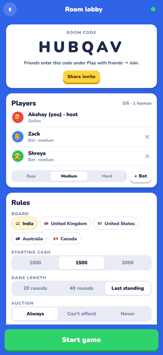 A room lobby showing the code HUBQAV, a Share invite button, and three players: the host and two medium bots, above the board, starting cash and auction settings.