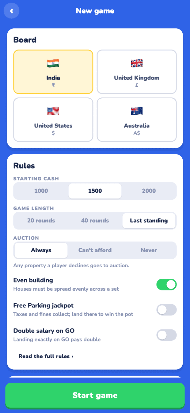 The setup screen: every board, starting cash, game length, auction mode, the house-rule switches and the list of players.