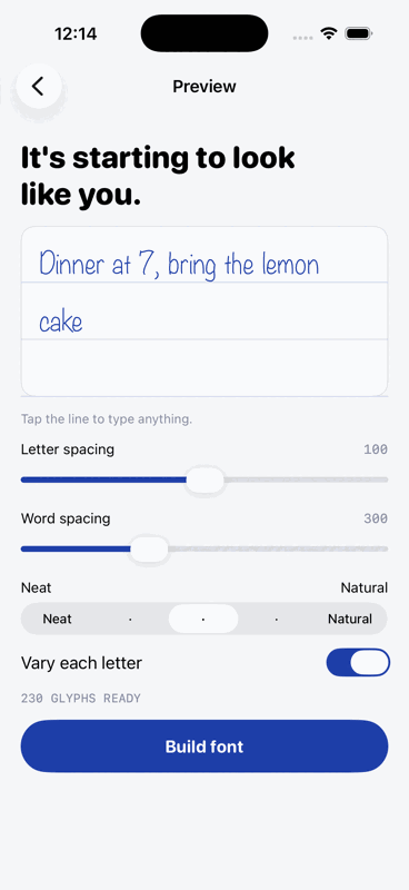 The preview screen rendering the rebuilt font live.