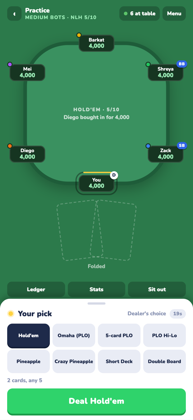 The dealer's choice picker: a grid of eight games with one selected and a Deal button.