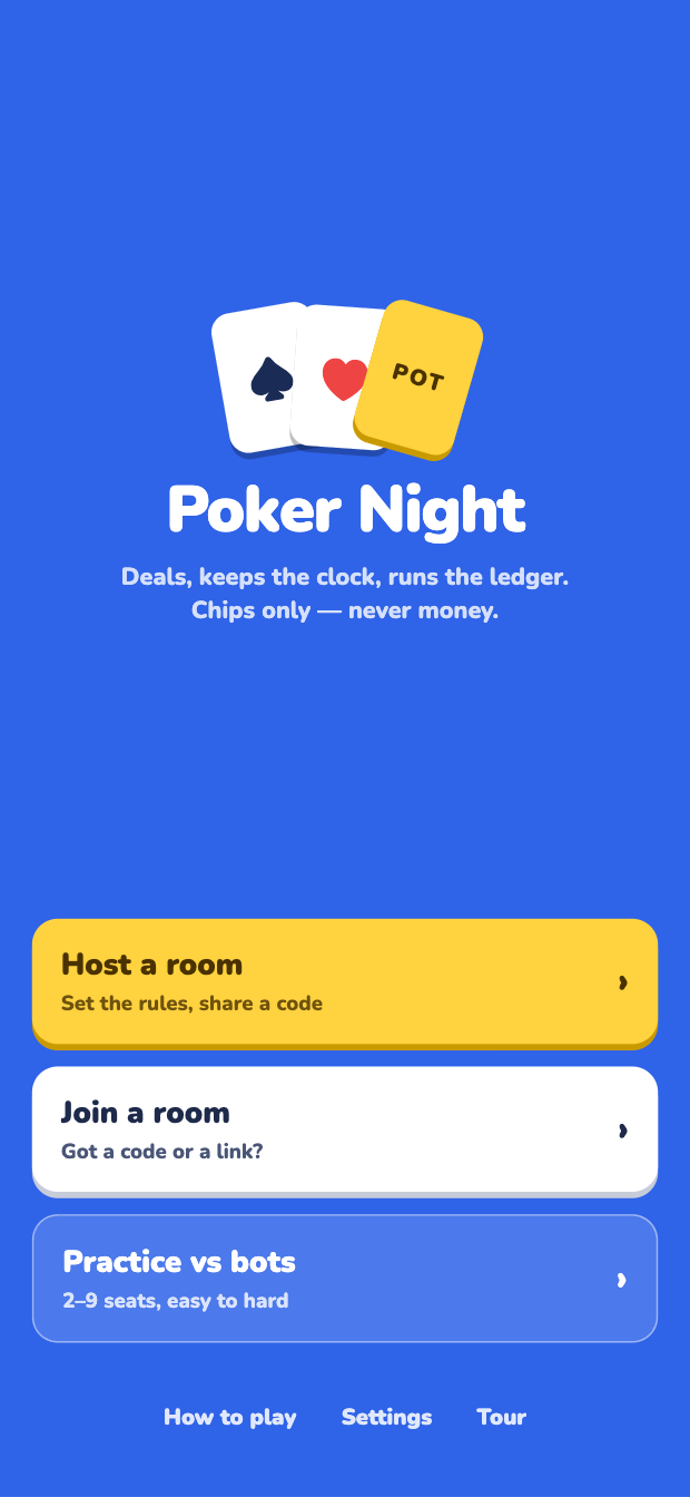 The home screen: the Poker Night logo, and buttons to host a game, join a game, or practice against bots.