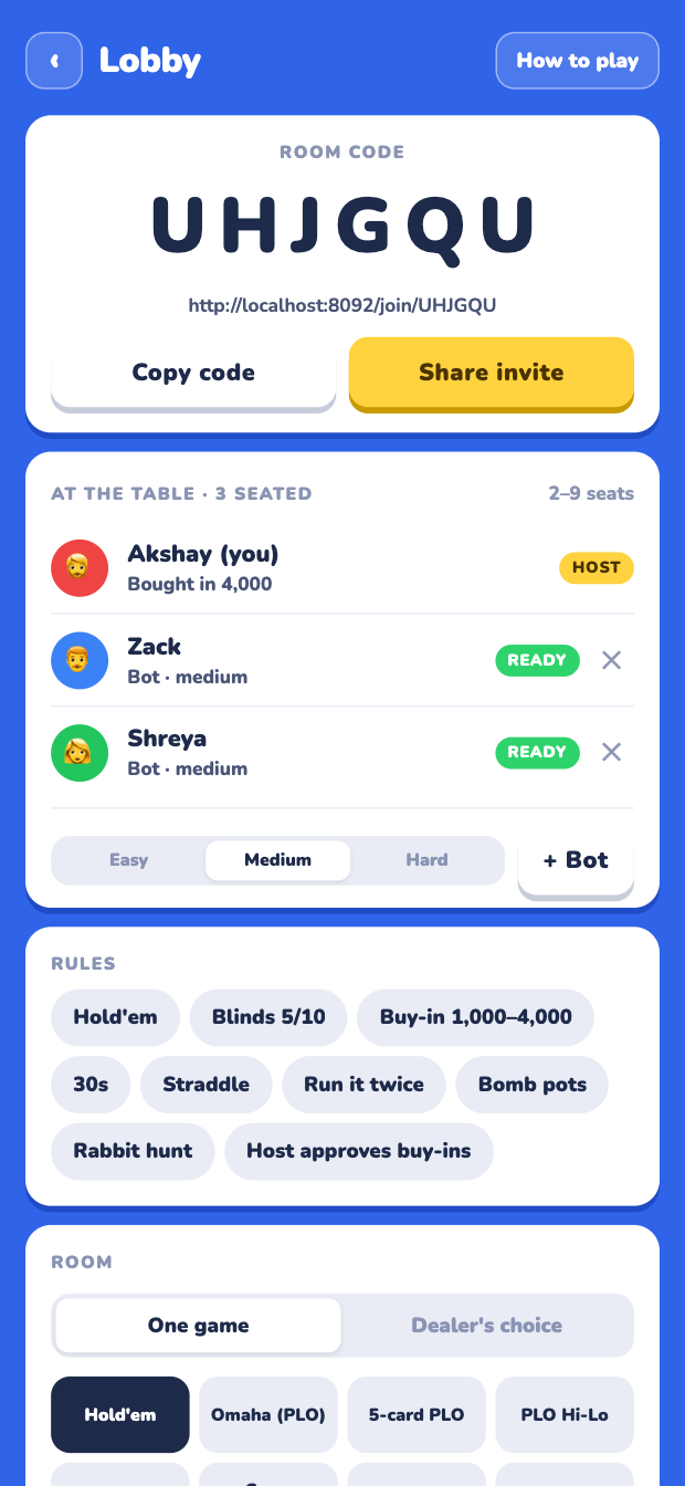 A room lobby with a six-letter code, a Share invite button, the host and two bots seated, and the rules card: game, blinds, buy-in, timer and extras.
