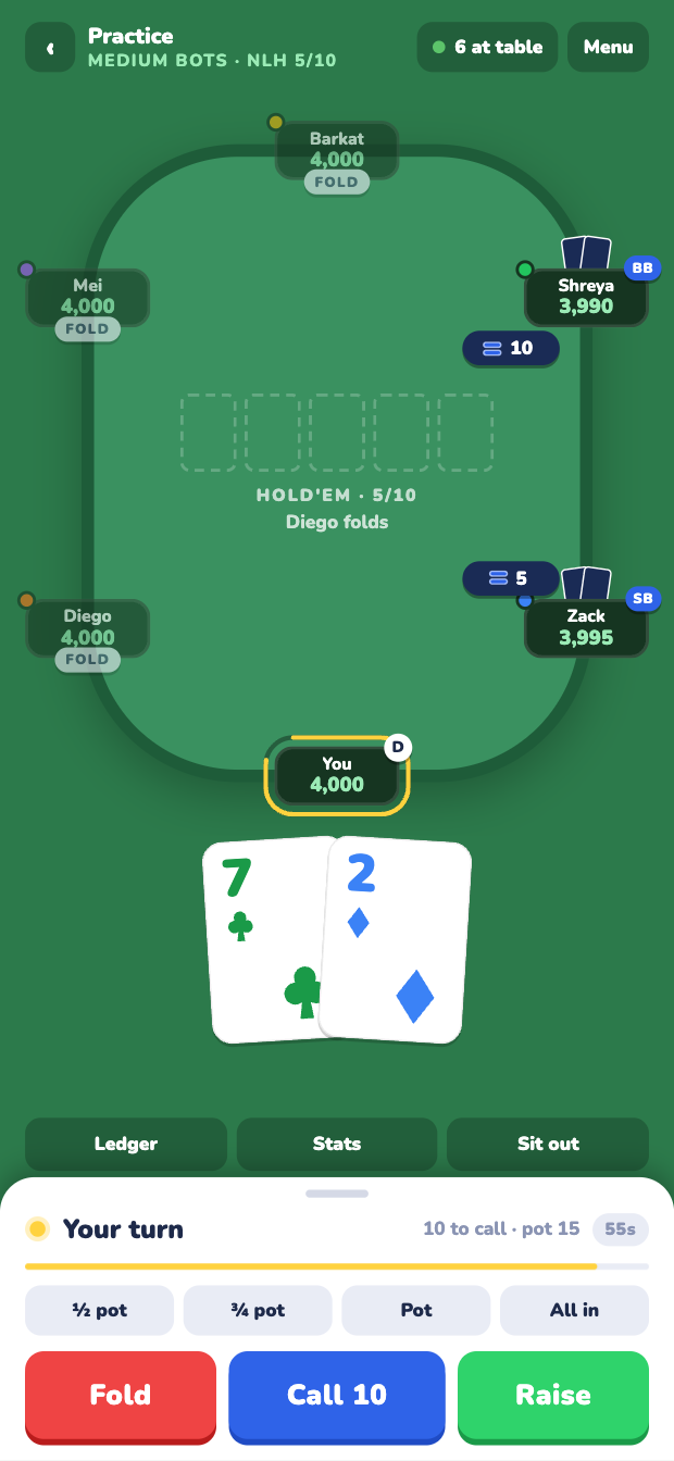 A Hold'em table mid-hand: six seats around the felt, the flop dealt, and the action bar offering Fold, Call and Raise with bet presets and a slider.