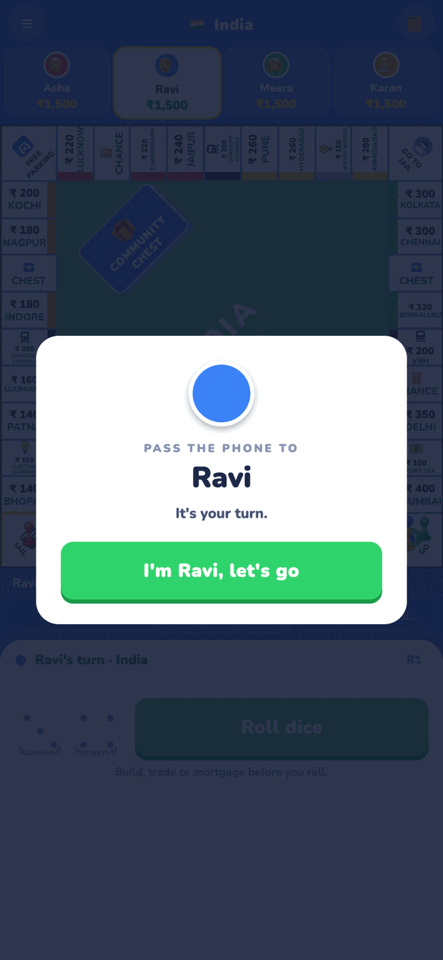 The board covered by a card reading PASS THE PHONE TO Ravi, with a button labelled I'm Ravi, let's go.