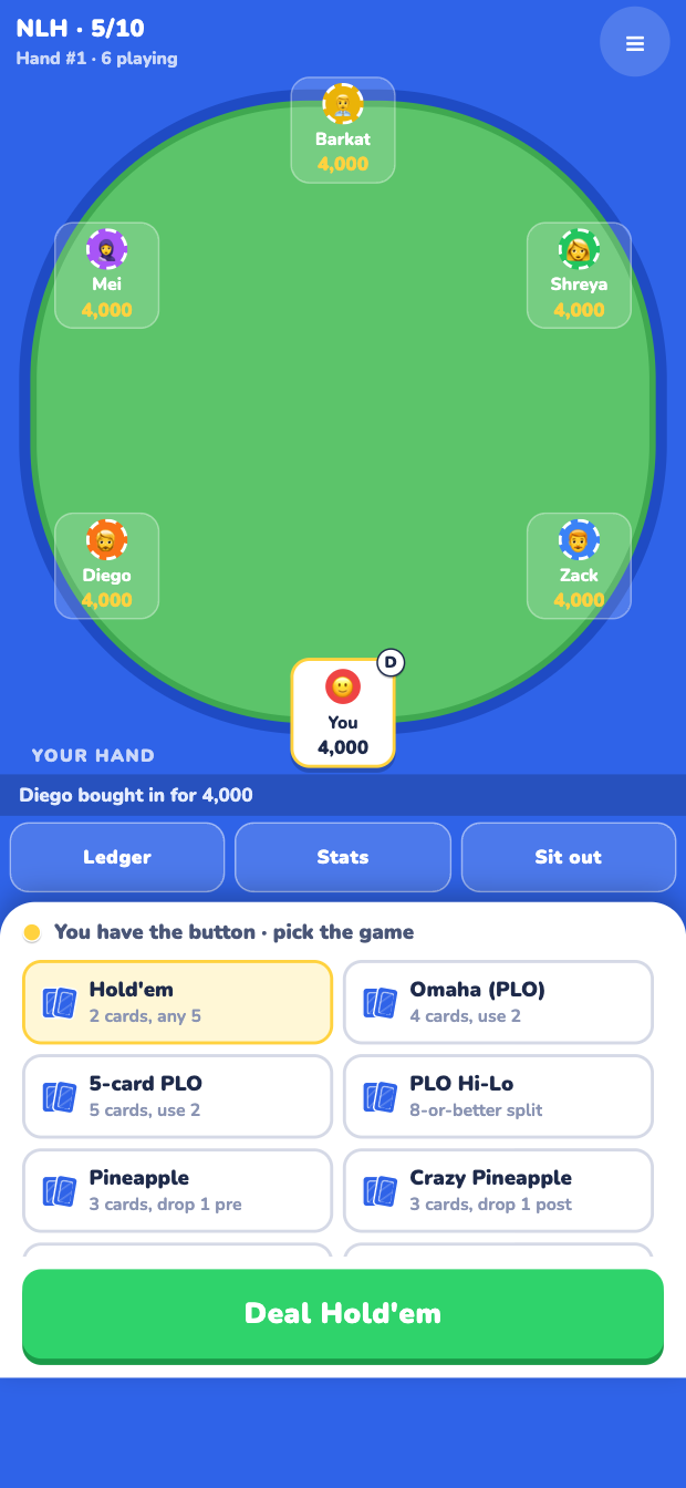 The dealer's choice picker: a grid of eight games with one selected and a Deal button.