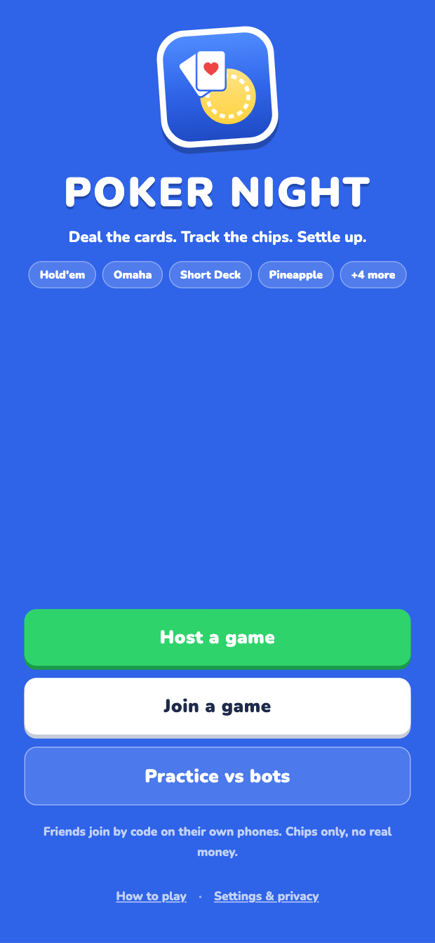 The home screen: the Poker Night logo, and buttons to host a game, join a game, or practice against bots.