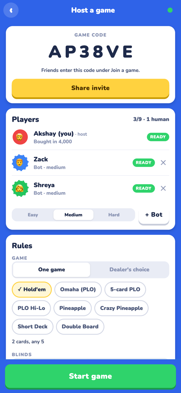A room lobby with a six-letter code, a Share invite button, the host and two bots seated, and the rules card: game, blinds, buy-in, timer and extras.