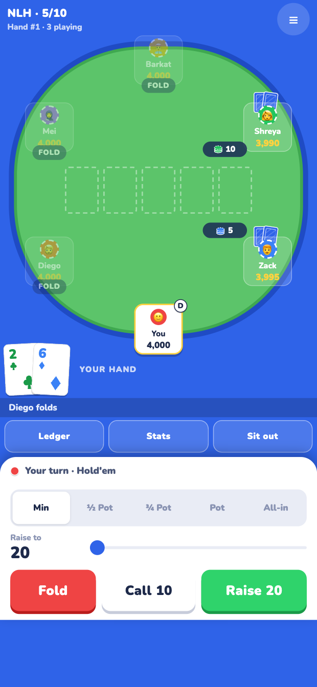 A Hold'em table mid-hand: six seats around the felt, the flop dealt, and the action bar offering Fold, Call and Raise with bet presets and a slider.